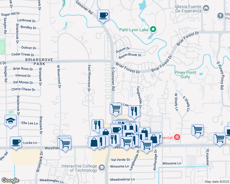 map of restaurants, bars, coffee shops, grocery stores, and more near 2023 South Gessner Road in Houston