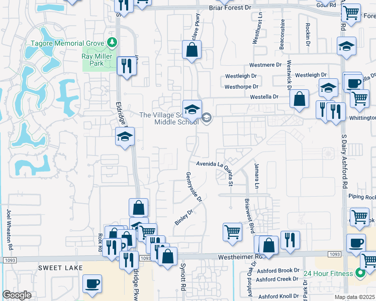 map of restaurants, bars, coffee shops, grocery stores, and more near 2002 Gentryside Drive in Houston