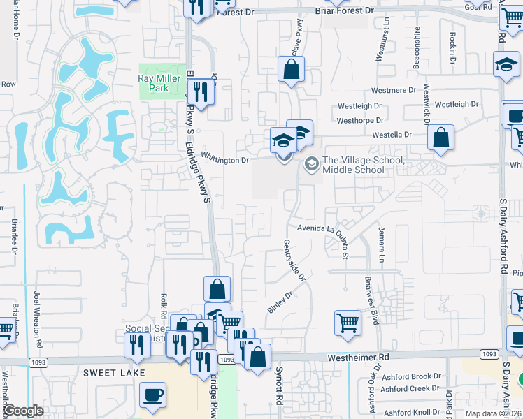 map of restaurants, bars, coffee shops, grocery stores, and more near 2024 Arrowood Glen Drive in Houston
