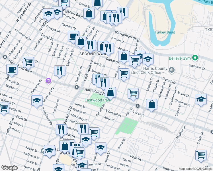map of restaurants, bars, coffee shops, grocery stores, and more near 301 Bryan Street in Houston