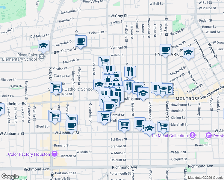 map of restaurants, bars, coffee shops, grocery stores, and more near 2501 Shepherd Drive in Houston