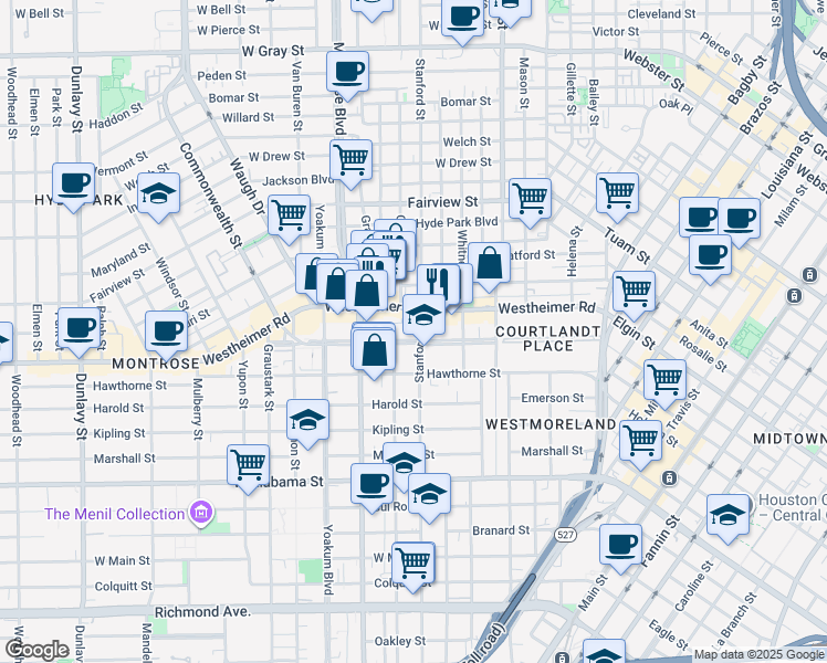 map of restaurants, bars, coffee shops, grocery stores, and more near 808 Lovett Boulevard in Houston