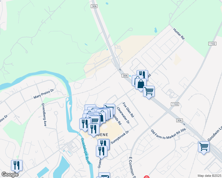 map of restaurants, bars, coffee shops, grocery stores, and more near 1852 Pebble Brook Drive in New Braunfels