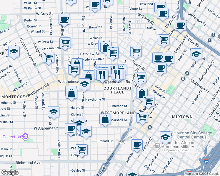 map of restaurants, bars, coffee shops, grocery stores, and more near 20 Courtlandt Place in Houston