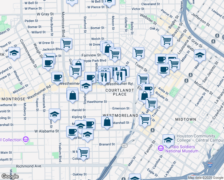 map of restaurants, bars, coffee shops, grocery stores, and more near 20 Courtlandt Place in Houston