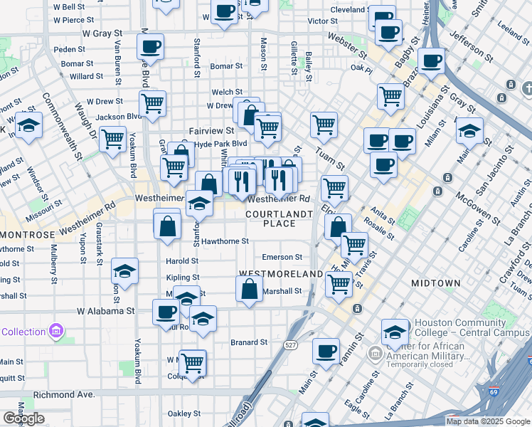 map of restaurants, bars, coffee shops, grocery stores, and more near 18 Courtlandt Place in Houston