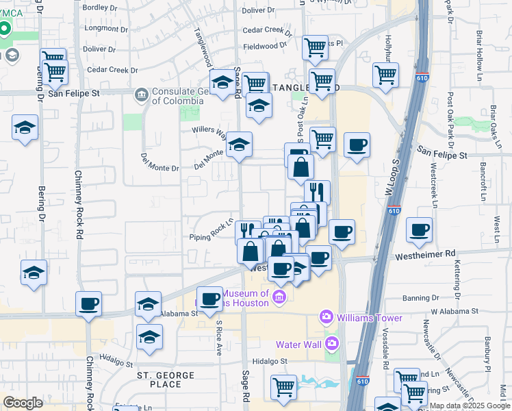 map of restaurants, bars, coffee shops, grocery stores, and more near 2345 Sage Road in Houston