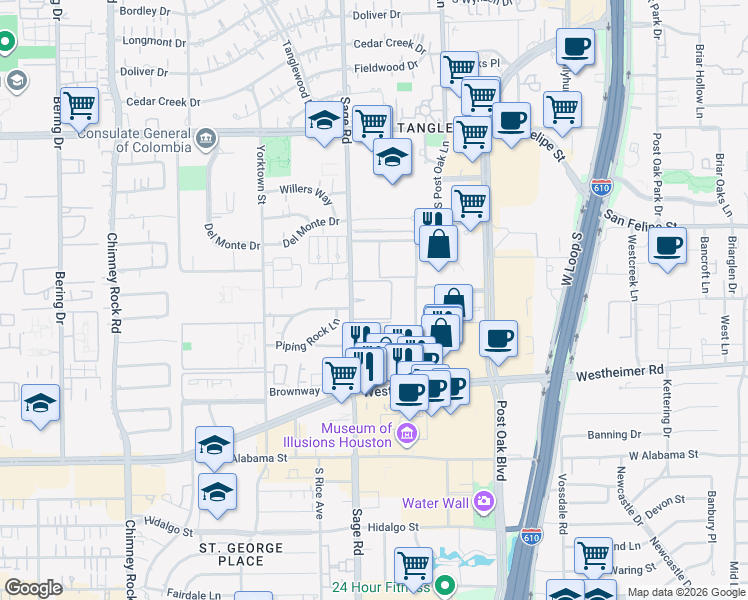 map of restaurants, bars, coffee shops, grocery stores, and more near 2345 Sage Road in Houston