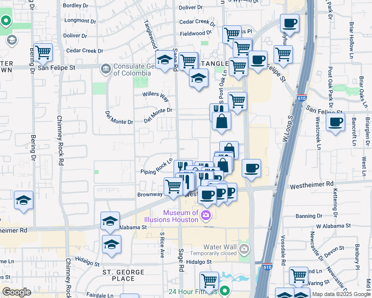 map of restaurants, bars, coffee shops, grocery stores, and more near 2345 Sage Road in Houston