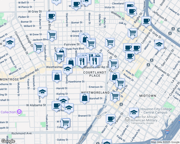 map of restaurants, bars, coffee shops, grocery stores, and more near 18 Courtlandt Place in Houston