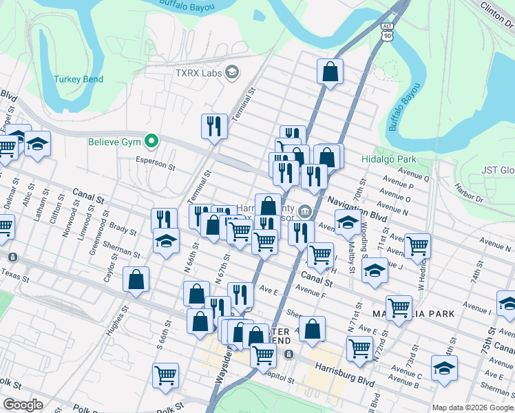 map of restaurants, bars, coffee shops, grocery stores, and more near 6704 Avenue J in Houston