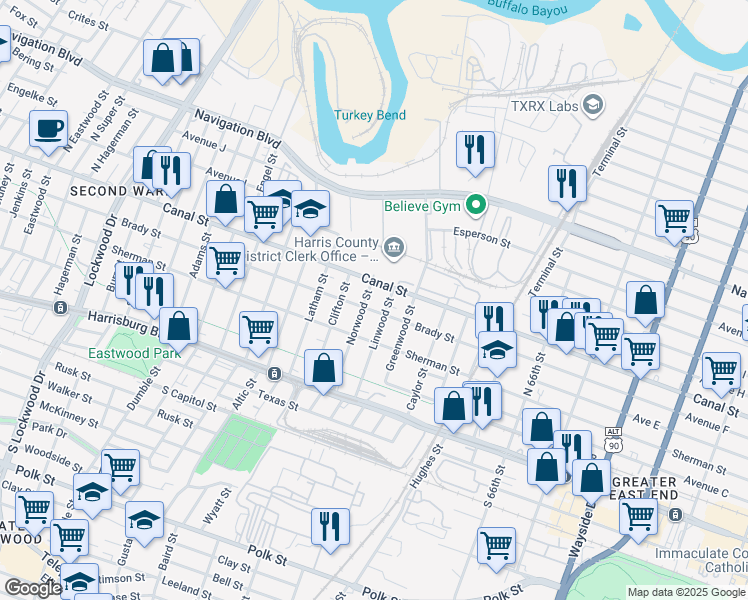map of restaurants, bars, coffee shops, grocery stores, and more near 5807 Brady Street in Houston