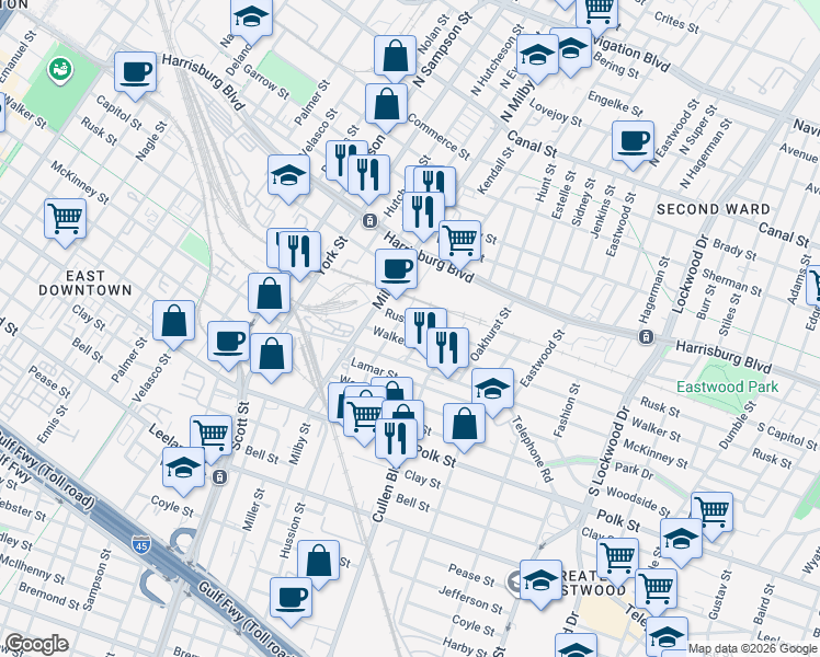 map of restaurants, bars, coffee shops, grocery stores, and more near 3919 Walker Street in Houston