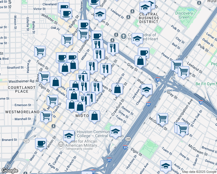 map of restaurants, bars, coffee shops, grocery stores, and more near 1302 McGowen Street in Houston