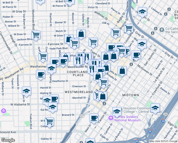 map of restaurants, bars, coffee shops, grocery stores, and more near 1 Courtlandt Place in Houston