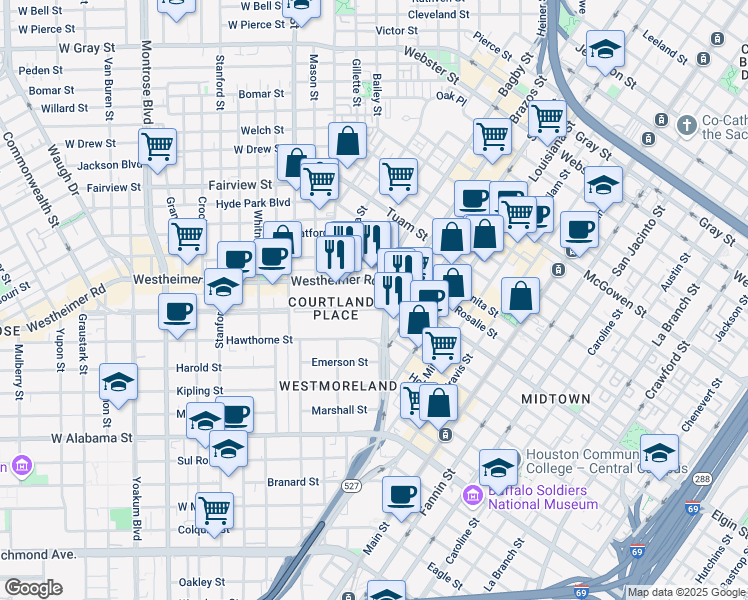 map of restaurants, bars, coffee shops, grocery stores, and more near 1 Courtlandt Place in Houston