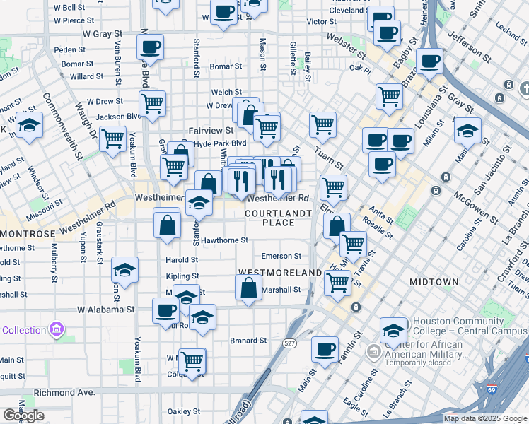 map of restaurants, bars, coffee shops, grocery stores, and more near 17 Courtlandt Place in Houston