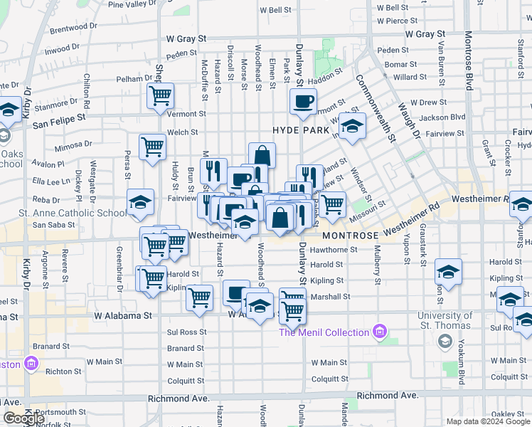 map of restaurants, bars, coffee shops, grocery stores, and more near 2507 Woodhead Street in Houston