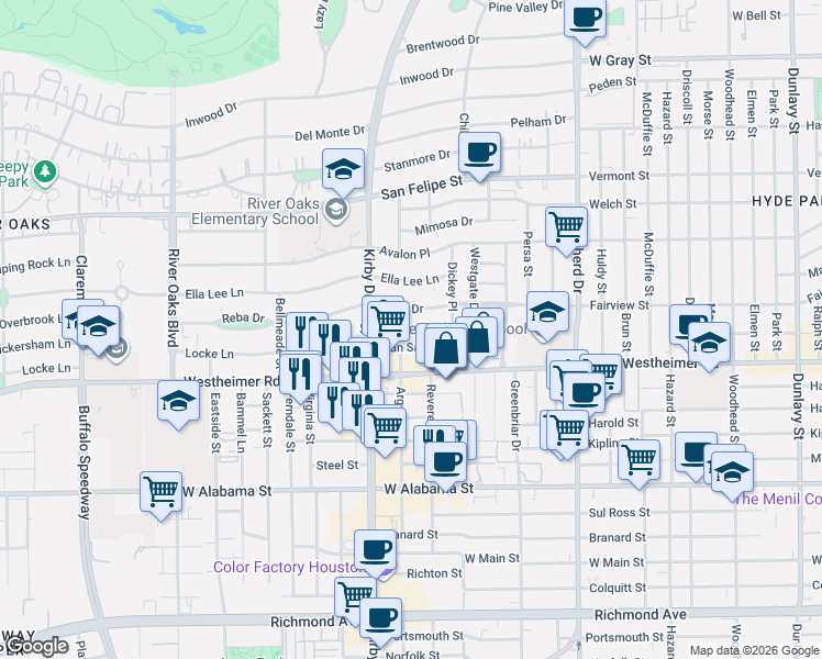 map of restaurants, bars, coffee shops, grocery stores, and more near 2405 Locke Lane in Houston