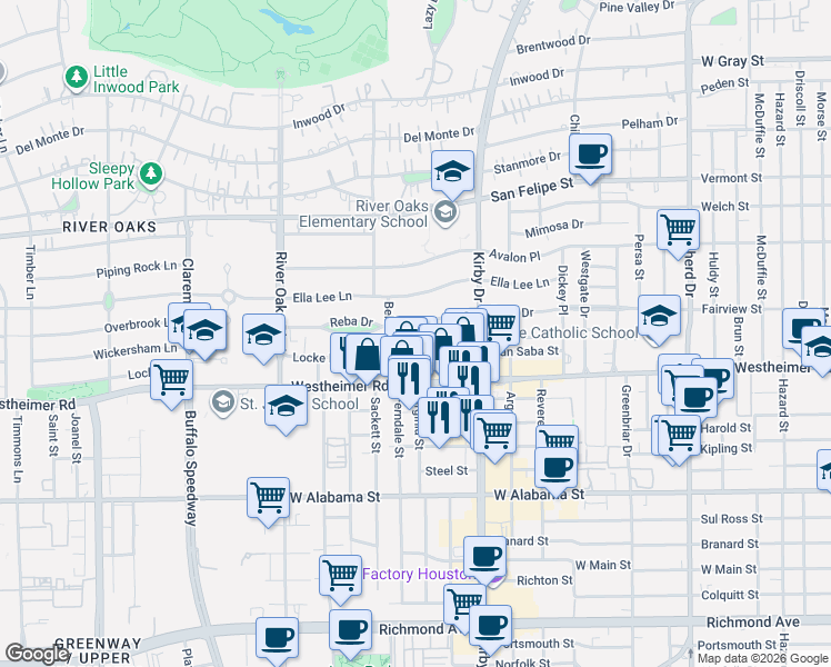 map of restaurants, bars, coffee shops, grocery stores, and more near 3044 Locke Lane in Houston