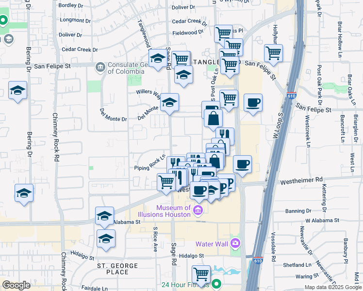 map of restaurants, bars, coffee shops, grocery stores, and more near 2345 Sage Road in Houston