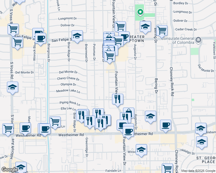 map of restaurants, bars, coffee shops, grocery stores, and more near 2219 Nantucket Drive in Houston