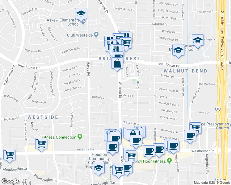 map of restaurants, bars, coffee shops, grocery stores, and more near 2120 Wilcrest Drive in Houston