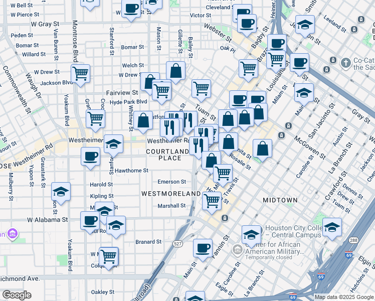 map of restaurants, bars, coffee shops, grocery stores, and more near 4 Courtlandt Place in Houston