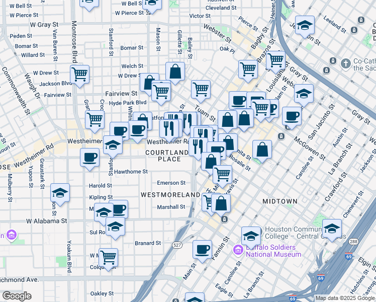 map of restaurants, bars, coffee shops, grocery stores, and more near 4 Courtlandt Place in Houston