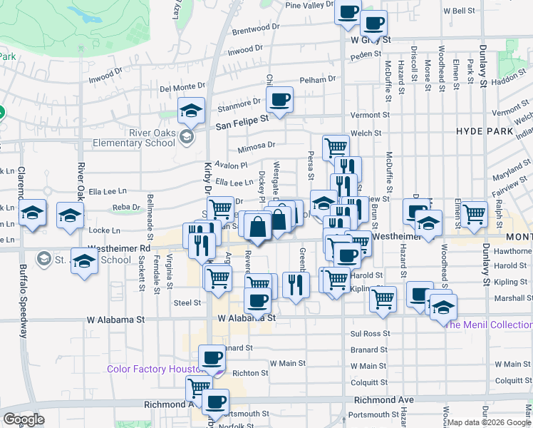 map of restaurants, bars, coffee shops, grocery stores, and more near 2510 Westgate Drive in Houston
