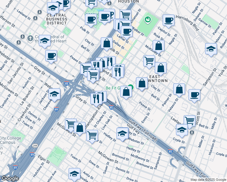 map of restaurants, bars, coffee shops, grocery stores, and more near 1705 Saint Charles Street in Houston