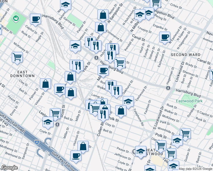 map of restaurants, bars, coffee shops, grocery stores, and more near 3919 Walker Street in Houston