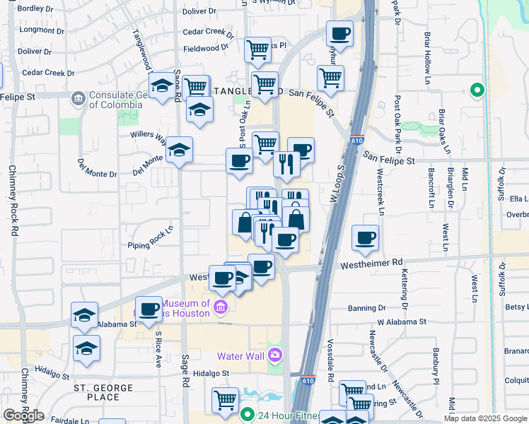 map of restaurants, bars, coffee shops, grocery stores, and more near 2200 Post Oak Boulevard in Houston