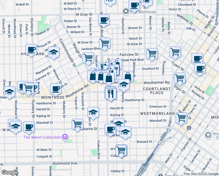map of restaurants, bars, coffee shops, grocery stores, and more near 3217 Montrose Boulevard in Houston