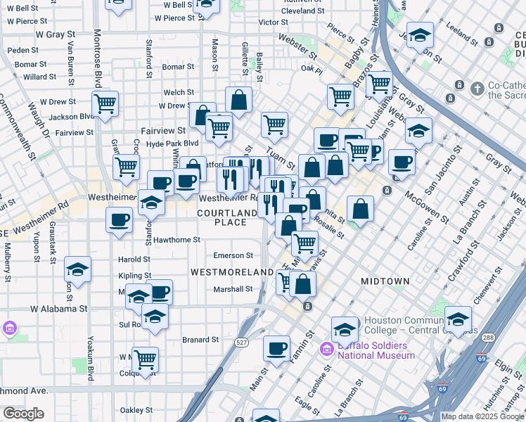 map of restaurants, bars, coffee shops, grocery stores, and more near 2 Courtlandt Place in Houston