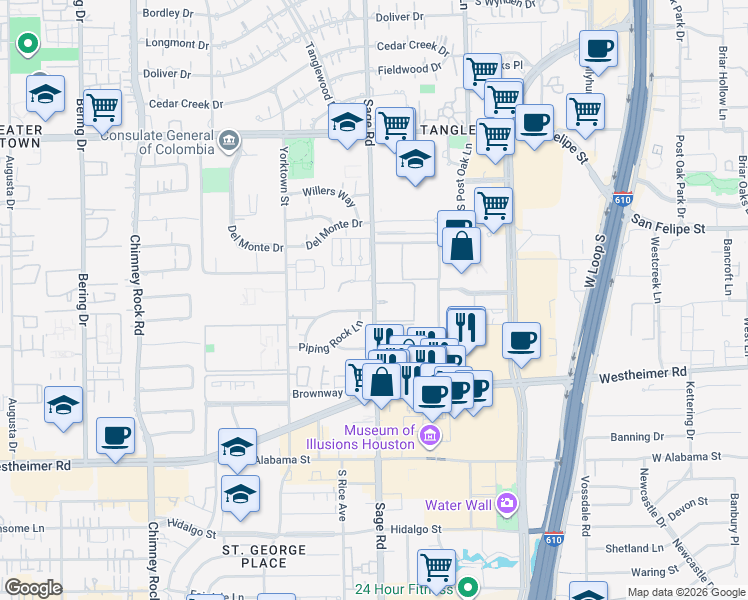 map of restaurants, bars, coffee shops, grocery stores, and more near 2344 Sage Road in Houston