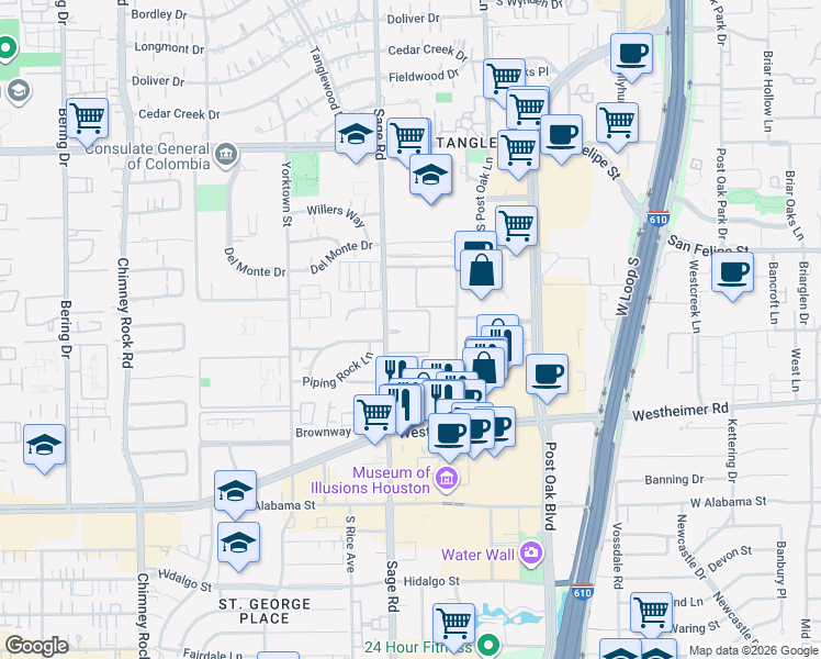 map of restaurants, bars, coffee shops, grocery stores, and more near 2345 Sage Road in Houston