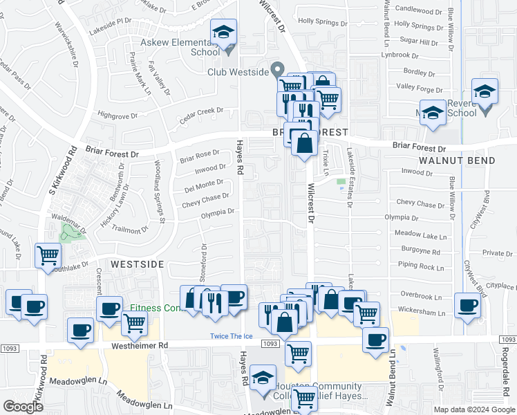map of restaurants, bars, coffee shops, grocery stores, and more near 26 Olympia Drive in Houston