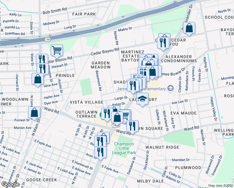 map of restaurants, bars, coffee shops, grocery stores, and more near 1000 Largo Street in Baytown