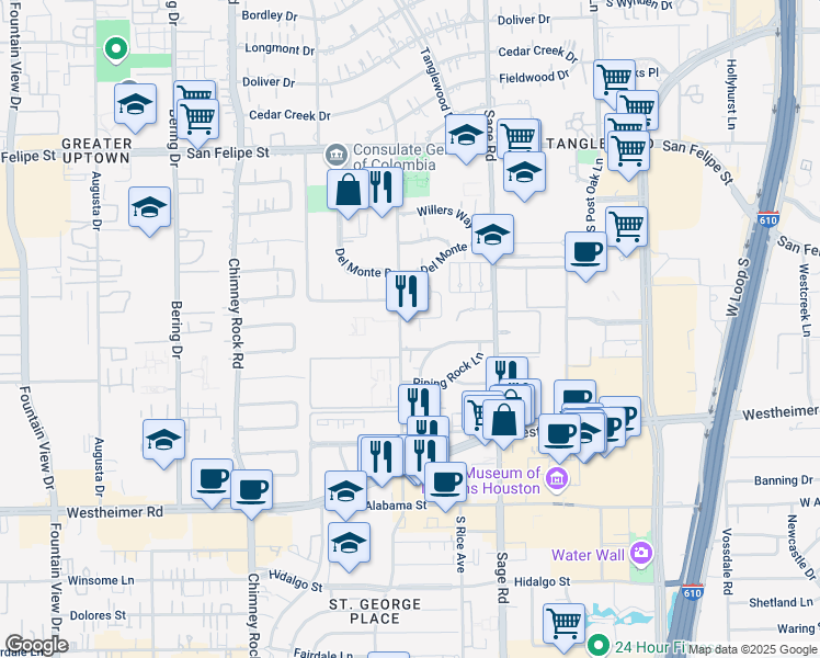 map of restaurants, bars, coffee shops, grocery stores, and more near 5418 Meadowlake Lane in Houston