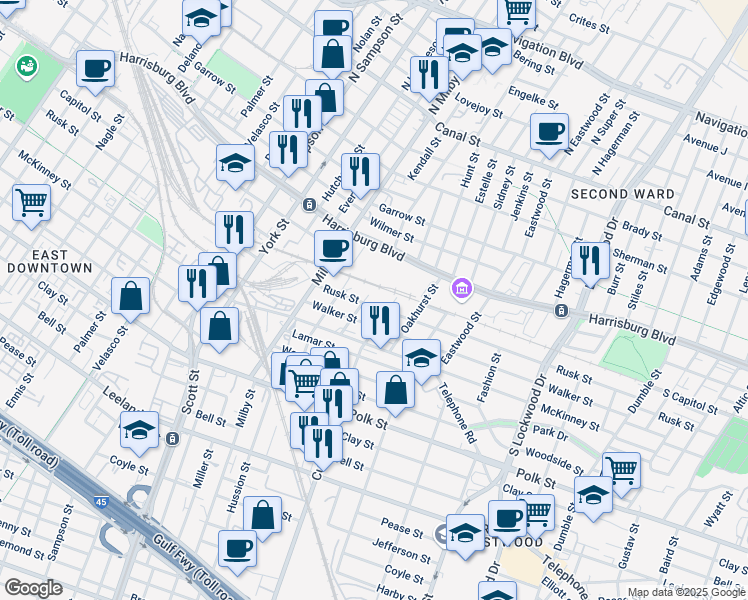 map of restaurants, bars, coffee shops, grocery stores, and more near 806 Cullen Boulevard in Houston
