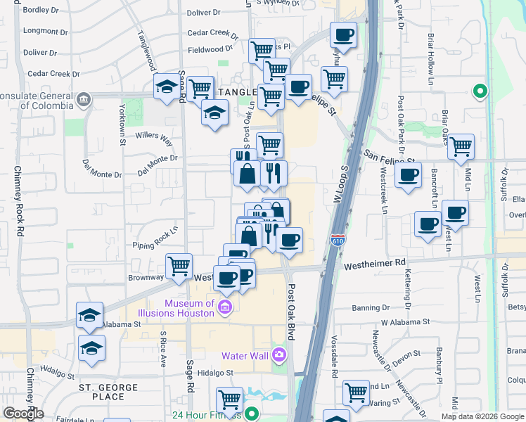 map of restaurants, bars, coffee shops, grocery stores, and more near 2525 McCue Road in Houston