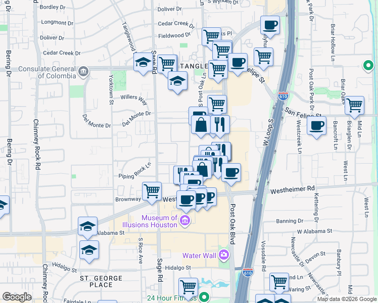 map of restaurants, bars, coffee shops, grocery stores, and more near 2320 McCue Road in Houston