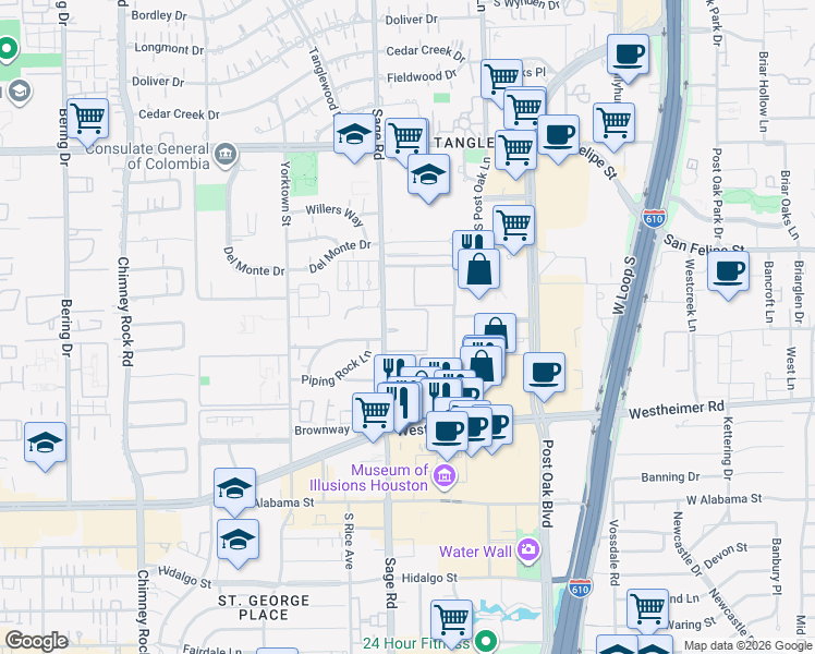 map of restaurants, bars, coffee shops, grocery stores, and more near 2345 Sage Road in Houston