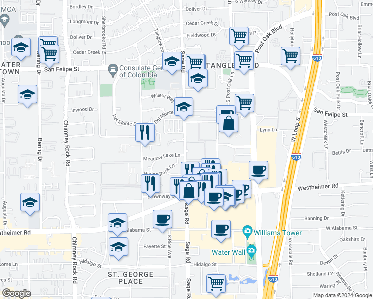 map of restaurants, bars, coffee shops, grocery stores, and more near 5203 Piping Rock Lane in Houston