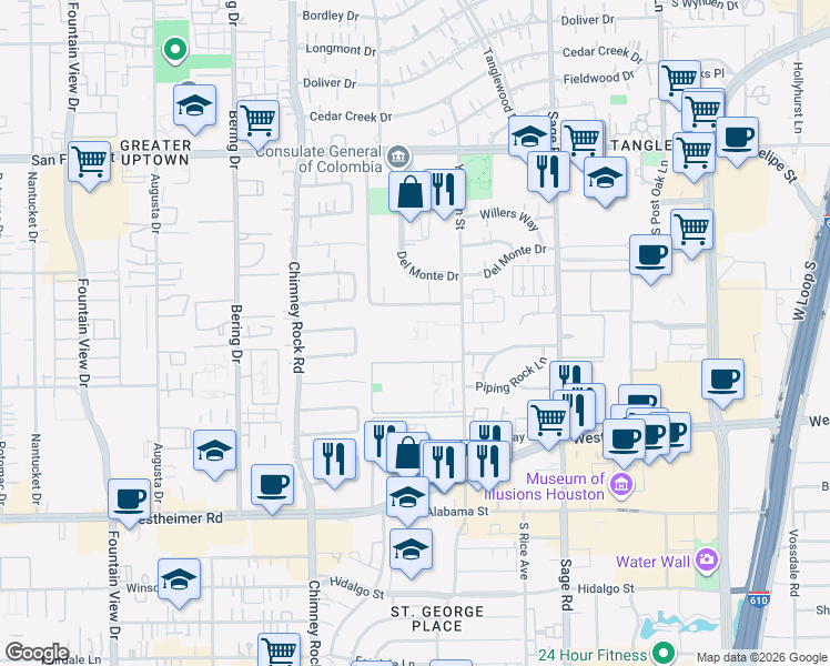 map of restaurants, bars, coffee shops, grocery stores, and more near 2400 Yorktown in Houston