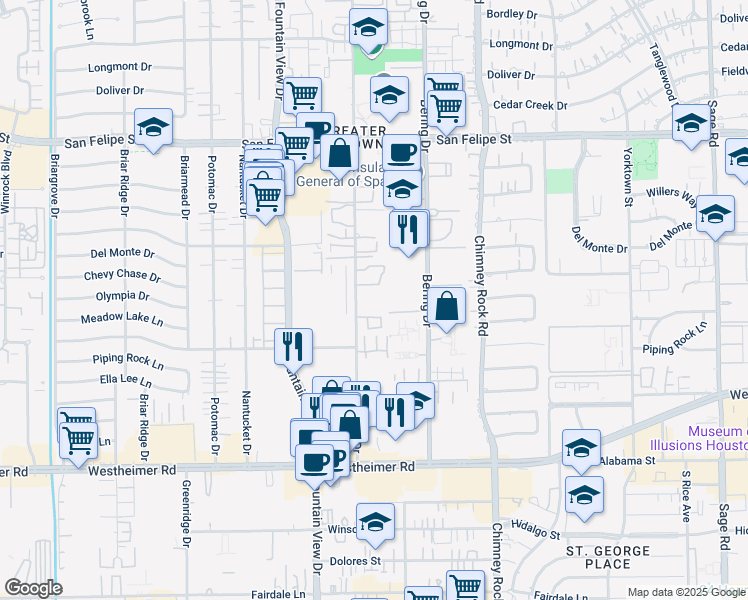 map of restaurants, bars, coffee shops, grocery stores, and more near 2211 Augusta Drive in Houston