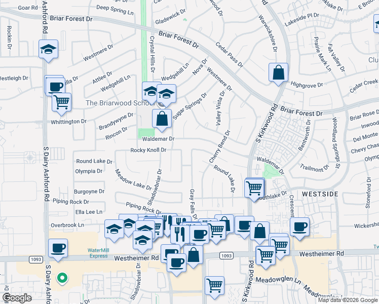 map of restaurants, bars, coffee shops, grocery stores, and more near 2019 Gray Falls Drive in Houston
