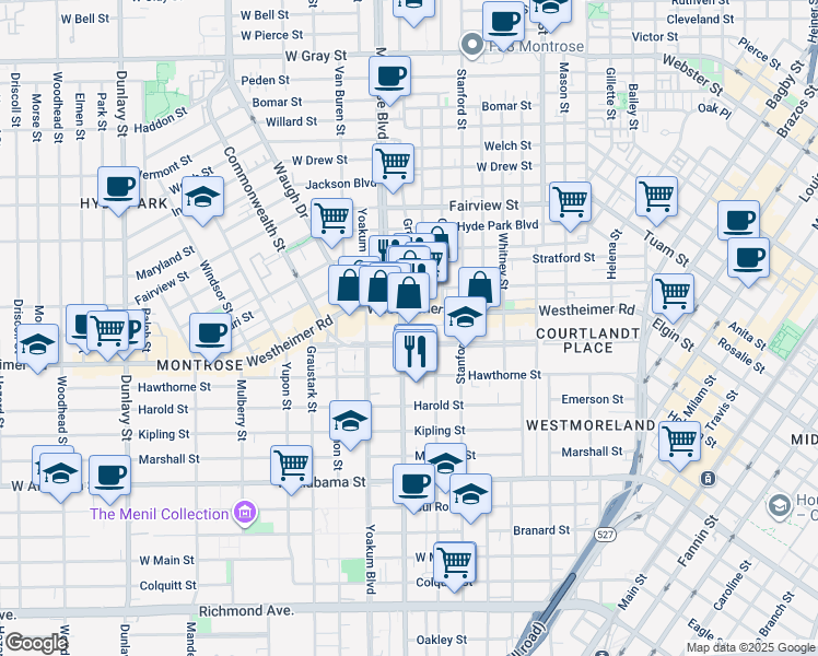 map of restaurants, bars, coffee shops, grocery stores, and more near 3217 Montrose Boulevard in Houston