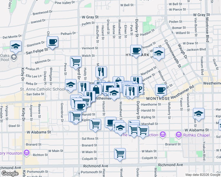 map of restaurants, bars, coffee shops, grocery stores, and more near 2505 Driscoll Street in Houston